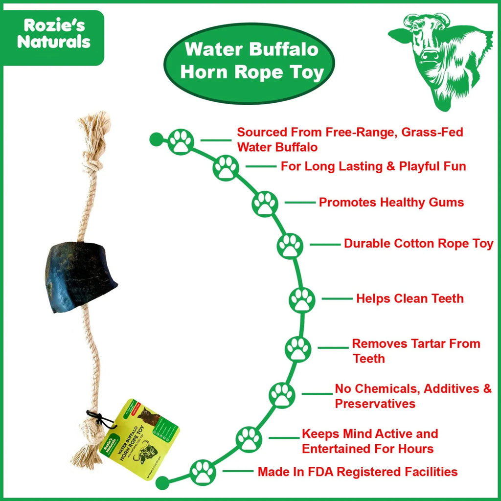 Water Buffalo Horn Rope Tug Toy – Natural Chew & Dental Tug | Rozie’s Pet Supply