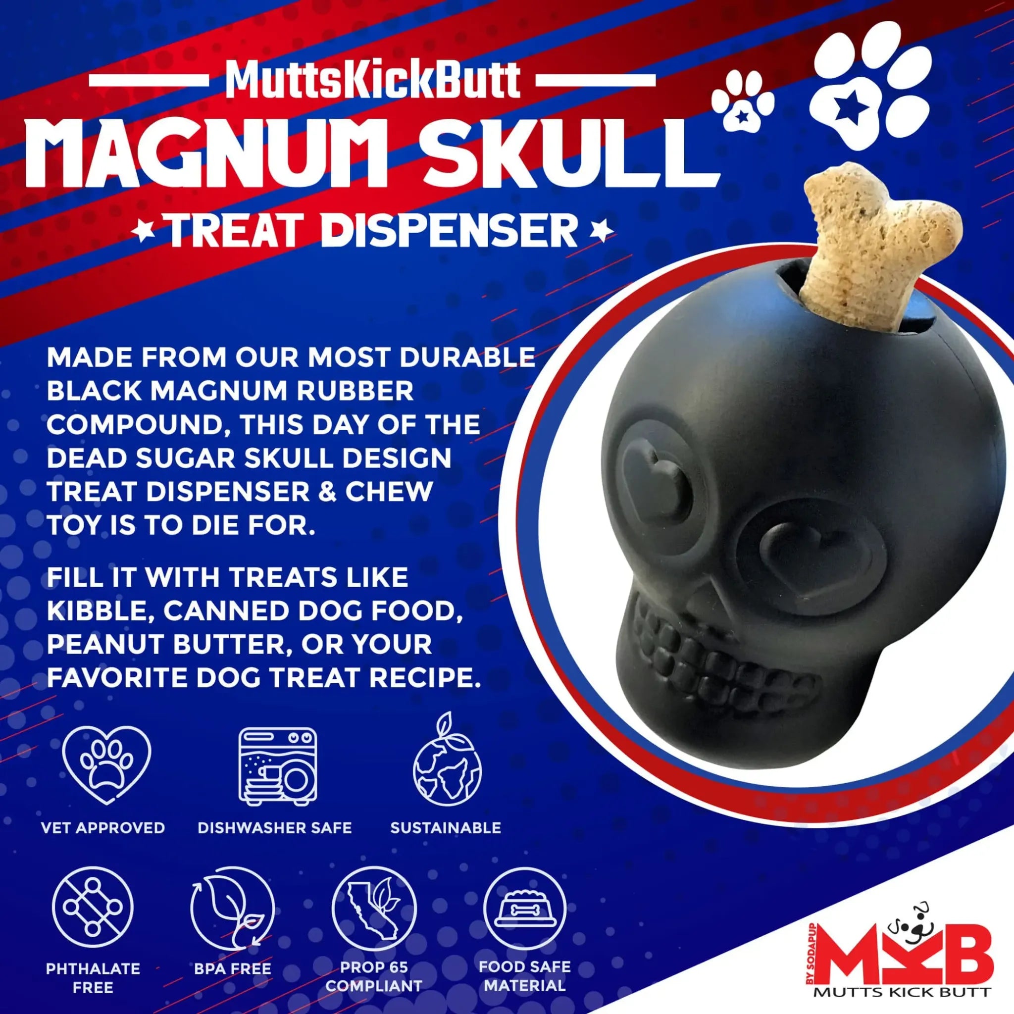 Magnum Sugar Skull Dog Chew Toy & Treat Dispenser | SodaPup