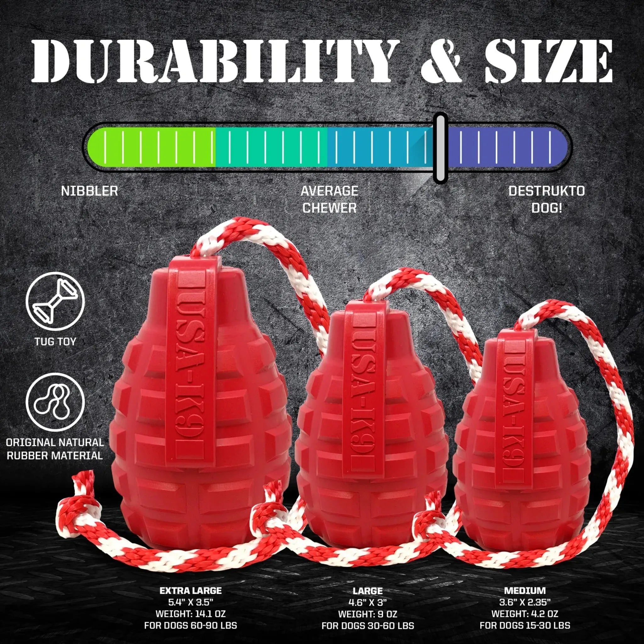 USA‑K9 Grenade Rubber Dog Toy | Chew, Tug & Treat Dispenser | SodaPup