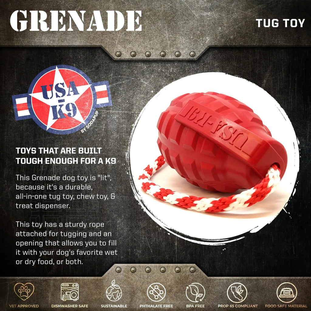 USA‑K9 Grenade Rubber Dog Toy | Chew, Tug & Treat Dispenser | SodaPup