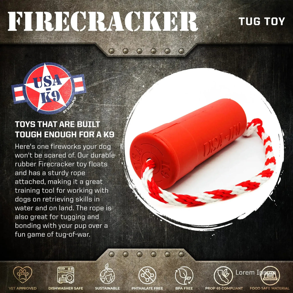 USA‑K9 Firecracker Floating Training Dummy | Durable Rubber Dog Toy | SodaPup